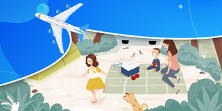 蓝色绿色简约飞机游客旅游旅行展板背景旅游旅行背景